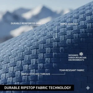 Close-up of durable ripstop outer shell material used for affordable winter sports gear.
