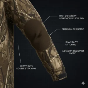 High-durability reinforced elbow pads on a heavy-duty waterfowl hunting jacket for protection in brush.