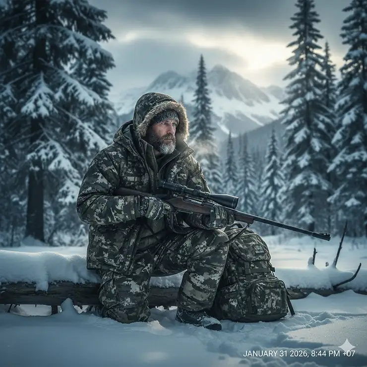 A hunter wearing a heavy-duty extreme cold weather hunting jacket in a snowy forest landscape.