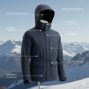 An annotated diagram of a premium male ski jacket highlighting the powder skirt, helmet-compatible hood, and pit zips.