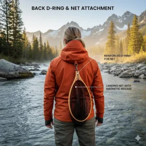 Illustration of the back D-ring attachment for a landing net on a women's wading jacket.