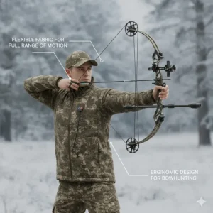 Illustration of a hunter drawing a bow to show the flexible range of motion in a heated hunting jacket.
