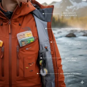 Diagram showing the chest pocket storage for fly boxes on a women's wading jacket for fly fishing.