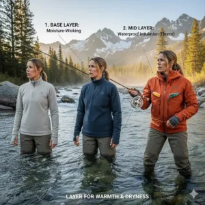 Illustration showing how to layer a fleece under a women's wading jacket for cold weather fishing.