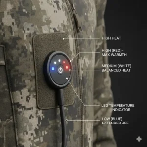 Illustration of high, medium, and low heat settings on a hunting jacket LED indicator.