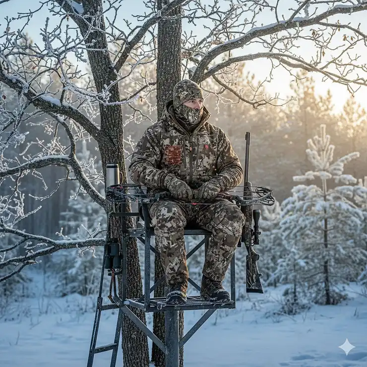 A hunter wearing a waterproof camouflaged heated jacket while sitting in a treestand during a late-season deer hunt. heated jacket for deer hunting