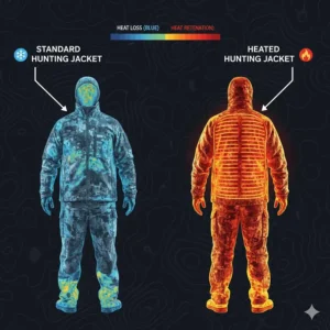 A thermal heat map illustration showing heat retention inside a deer hunting jacket compared to standard outerwear.