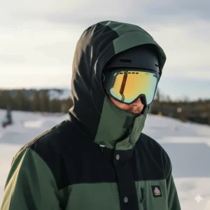 A snowboard jacket hood pulled over a helmet, essential for safety and style in the terrain park.