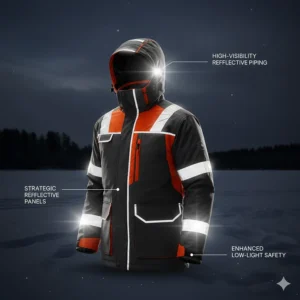 Illustration of reflective safety piping on an ice fishing jacket for extreme cold during low-light conditions.