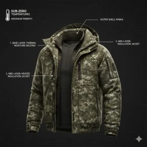 Illustration of a heated jacket used as a mid-layer under a heavy hunting parka for sub-zero temperatures.