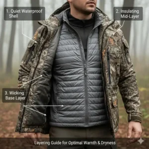 Illustration showing how a quiet waterproof shell fits into a three-layer hunting clothing system.