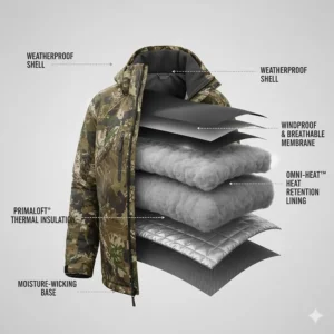 Diagram showing the multi-layer thermal insulation inside an extreme cold weather hunting jacket.