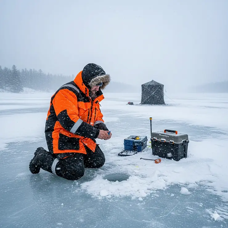 An angler wearing a heavy-duty ice fishing jacket for extreme cold while kneeling on a frozen lake.