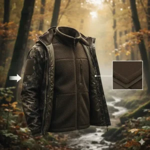 An illustration showing the inner fleece lining and outer shell of an insulated camo hunting jacket.