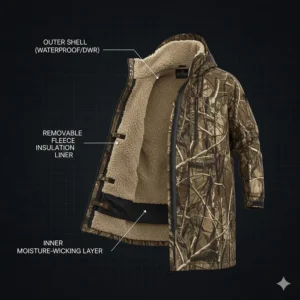 A waterfowl hunting jacket with a removable fleece liner for cold-weather insulation.