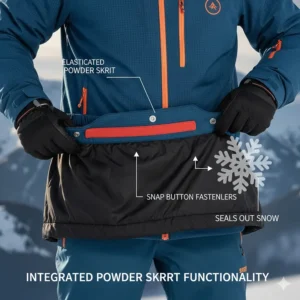 Detailed view of an integrated powder skirt to keep snow out of a budget ski jacket.