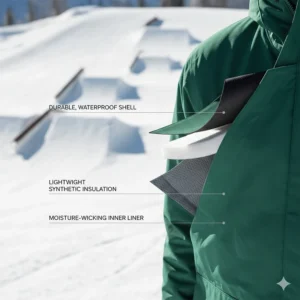 Diagram of lightweight insulation layers in a jacket optimized for high-activity park riding.