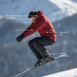 Illustration showing a male skier in a dynamic pose to demonstrate the articulated fit and range of motion of a quality ski jacket.