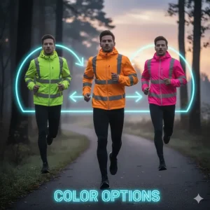 Vector illustration showcasing a high visibility running jacket in neon yellow, bright orange, and electric pink.