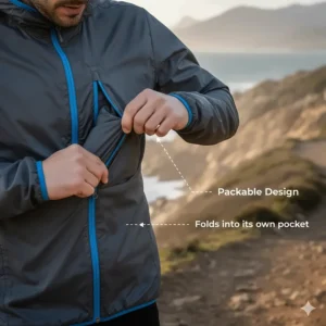 Illustration showing a men's windproof running jacket folded into its own compact chest pocket for easy storage.