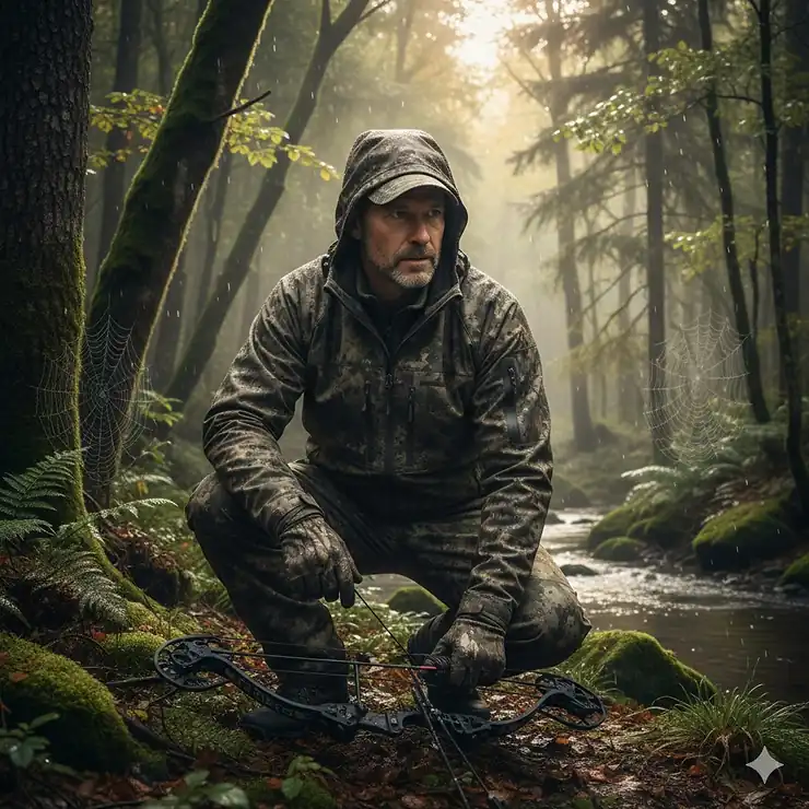 A hunter wearing a camouflage quiet waterproof hunting jacket while navigating a damp forest at dawn.