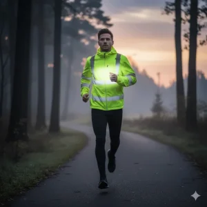 Close-up illustration of silver reflective heat-transfer material on a high visibility running jacket.