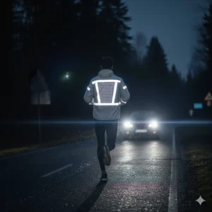 Illustration of reflective strips on a running jacket glowing under car headlights for low-light safety.