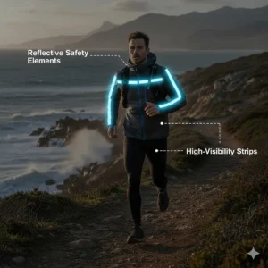 Illustration highlighting reflective strips on the sleeves and back of a windproof running jacket for low-light safety.