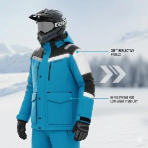 Illustration highlighting 3M reflective piping and high-visibility panels on a snowmobile jacket for low-light winter conditions.