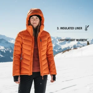 A person wearing the removable insulated inner liner of a 3-in-1 ski jacket as a standalone mid-layer.