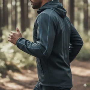 Illustration highlighting articulated sleeves on a running jacket for full range of motion while jogging.