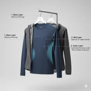 Infographic showing a lightweight running jacket layered over a moisture-wicking base layer for cool weather.