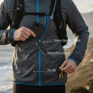 Close-up illustration of secure zippered pockets on a windproof running jacket for carrying phones and keys.