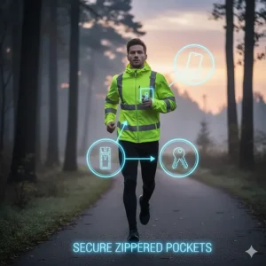 Illustration of secure zippered chest and side pockets on a high visibility running jacket for phone and key storage.