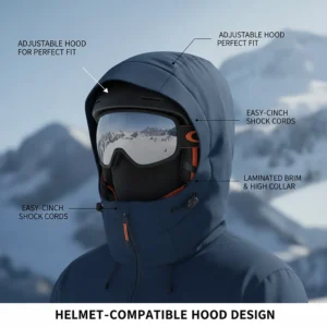 Illustration of an adjustable, helmet-compatible hood on a budget ski jacket under $200.