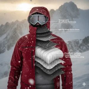 Detailed cross-section diagram of the warmest insulated ski jacket showing high-loft synthetic and down fill layers for extreme cold.