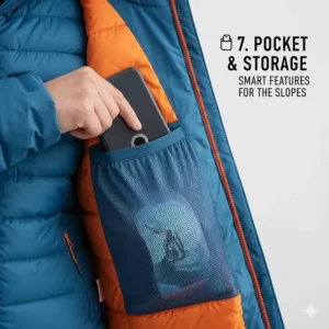 Illustration showing the internal goggle pockets and secure storage features of a 3-in-1 ski jacket.