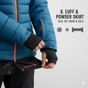 Close-up of an integrated powder skirt and adjustable cuffs on a professional-grade 3-in-1 ski jacket.