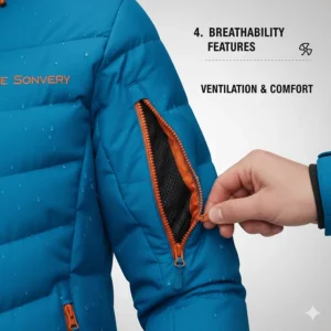 Close-up illustration of underarm ventilation zippers and breathable mesh in a high-performance ski jacket.