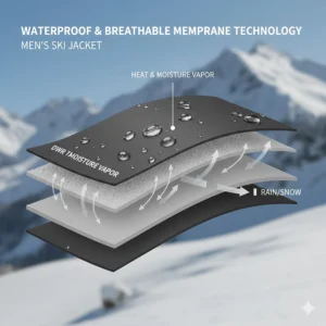 Technical illustration showing how a waterproof breathable membrane in a man's ski jacket repels moisture while allowing heat to escape.