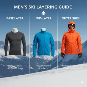 Infographic showing the three-layer system: base layer, mid-layer, and a top-rated men's ski jacket shell.