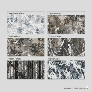 Illustration of various winter camo patterns for extreme cold weather hunting in snowy terrain.