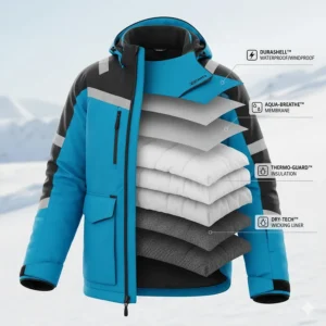 Illustration showing the multi-layer insulation system of a premium extreme cold snowmobile jacket, including the outer shell and thermal liner.