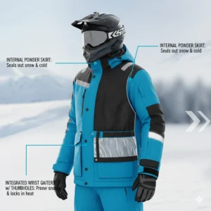Close-up illustration of integrated wrist gaiters and a snow skirt to keep heat in and snow out of an extreme cold riding jacket.