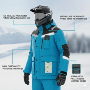 Illustration of internal and external utility pockets, including a heat-insulated pocket for protecting mobile devices from battery drain in the cold.