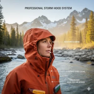 Detailed view of an adjustable storm hood on a professional women's fly fishing jacket.