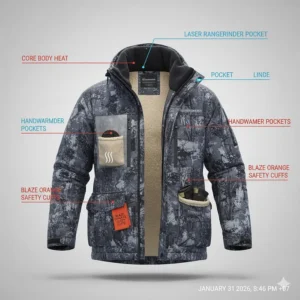 Illustration of specialized fleece-lined handwarmer pockets and gear storage on a hunting jacket.