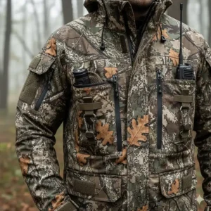 Illustration of waterproof zippered pockets and gear storage on a specialized hunting jacket.