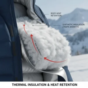 Close-up illustration of synthetic insulation used in a budget-friendly winter coat for skiing.