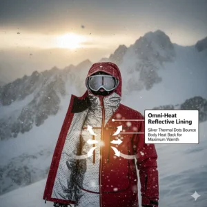 Illustration of a thermal reflective gold or silver lining inside a ski jacket designed to reflect body heat back to the wearer.